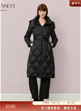 LK BENNETT黑色白鹅绒羽绒服2025冬新款连帽保暖菱形格腰带显瘦