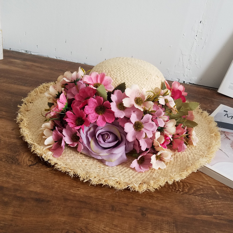 遮阳帽花朵沙滩海边拉菲草大檐帽