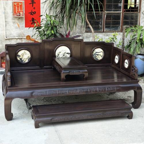 红木罗汉床明清古典黑檀木镶云石七屏风睡榻非洲黑檀客厅家具中式