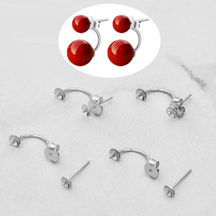 S999纯银耳钉半孔珍珠空托耳环足银DIY手工饰品配件925纯银两戴款