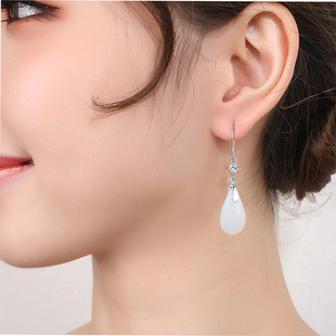 S999纯银耳环水滴青玉足银耳钉女白玉耳饰品轻奢古风耳坠百搭新款