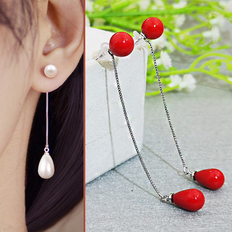 999纯银耳钉女长款水滴珍珠耳线