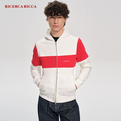 【RiRi】Ricerca Ricca 运动休闲拼接印花加绒拉链连帽卫衣外套男