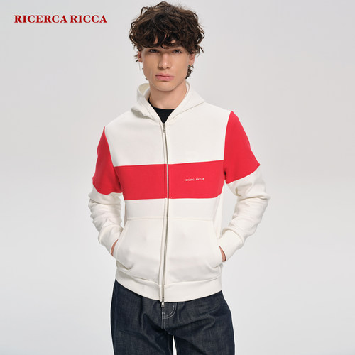 【RiRi】Ricerca Ricca 运动休闲拼接印花加绒拉链连帽卫衣外套男
