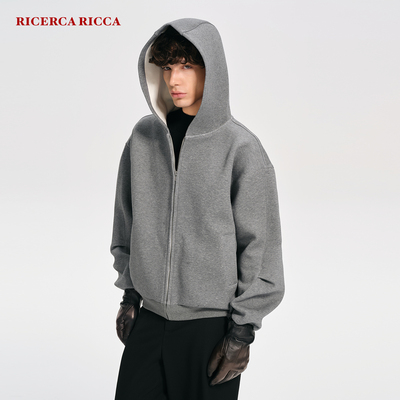 【RiRi】Ricerca Ricca 简约休闲宽松重磅拉链开衫连帽卫衣外套男