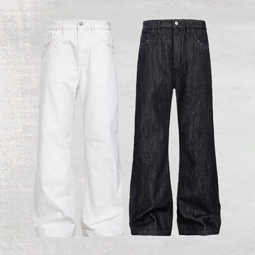 CATSSTAC 永生花刺绣白牛仔裤 隐形刺绣 微喇塑形 双轨压线加固