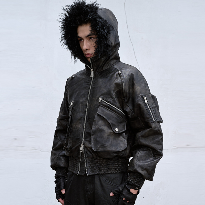 CATSSTAC 乌鸦重磅皮座山雕外套 短宽阔版型小众设计秋冬夹克男潮