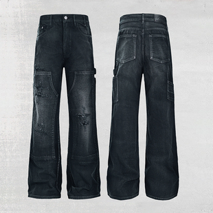 宽松直筒 黑色 vintage效果 捕蛇人重工破坏伐木裤 CATSSTAC