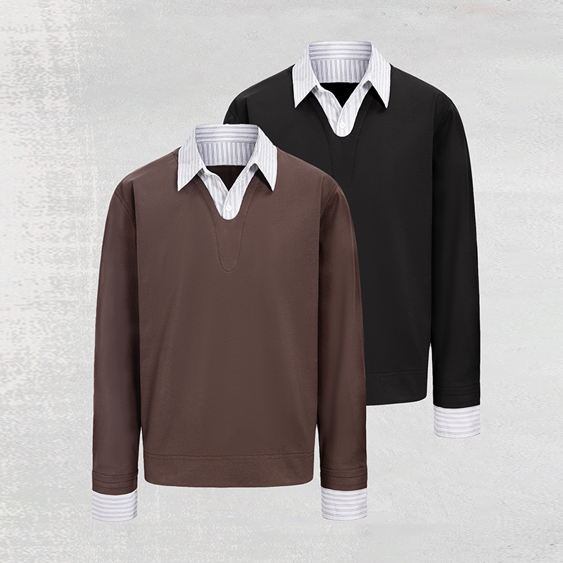 CATSSTAC 精英假两件长袖V领打底宽松休闲落肩版型内搭卫衣男