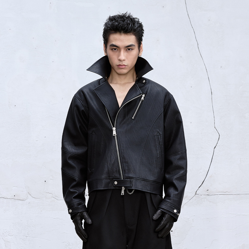 CATSSTAC 多形态斜拉链皮座山雕cleanfit小众设计宽松休闲外套男
