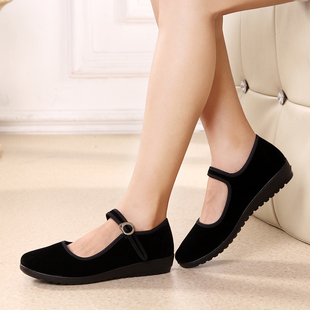 老北京布鞋女款加厚底黑平绒一字扣工装鞋防滑浅口职业布鞋舞蹈鞋