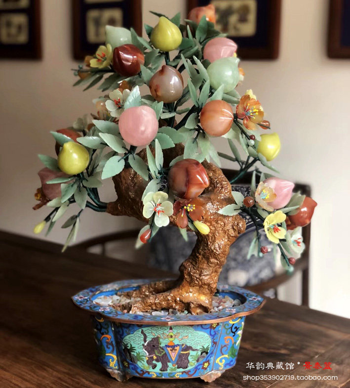 老北京传统手工艺景泰蓝玉石盆景寿桃 玉石玛瑙 家居摆件古玩