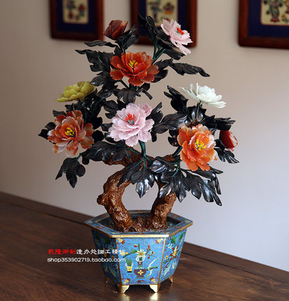 新品推荐 北京特色手工艺精品景泰蓝玉石盆景 富贵牡丹 摆件收藏