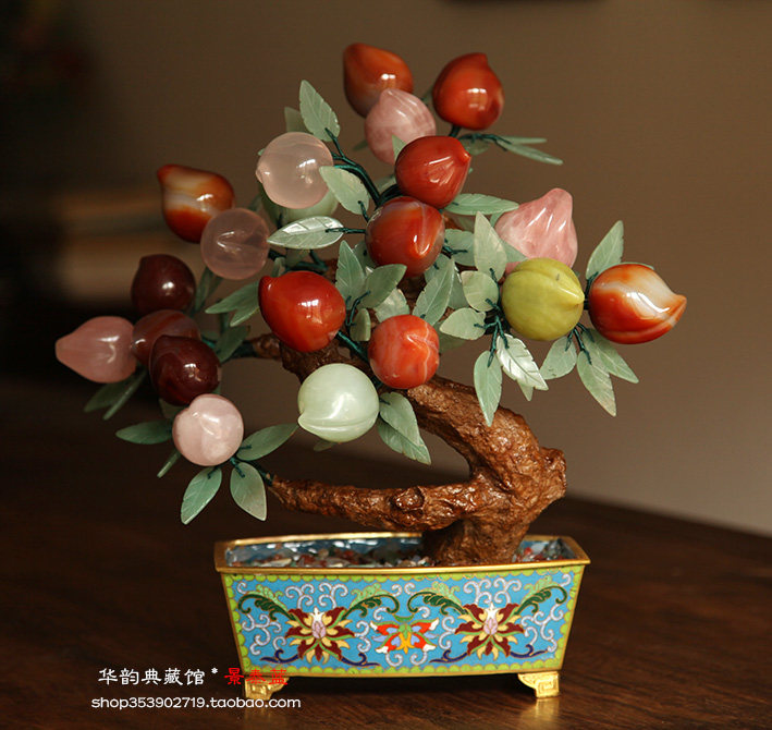 北京传统手工艺景泰蓝玉石盆景花 玉石手工打磨 寿桃摆件收藏