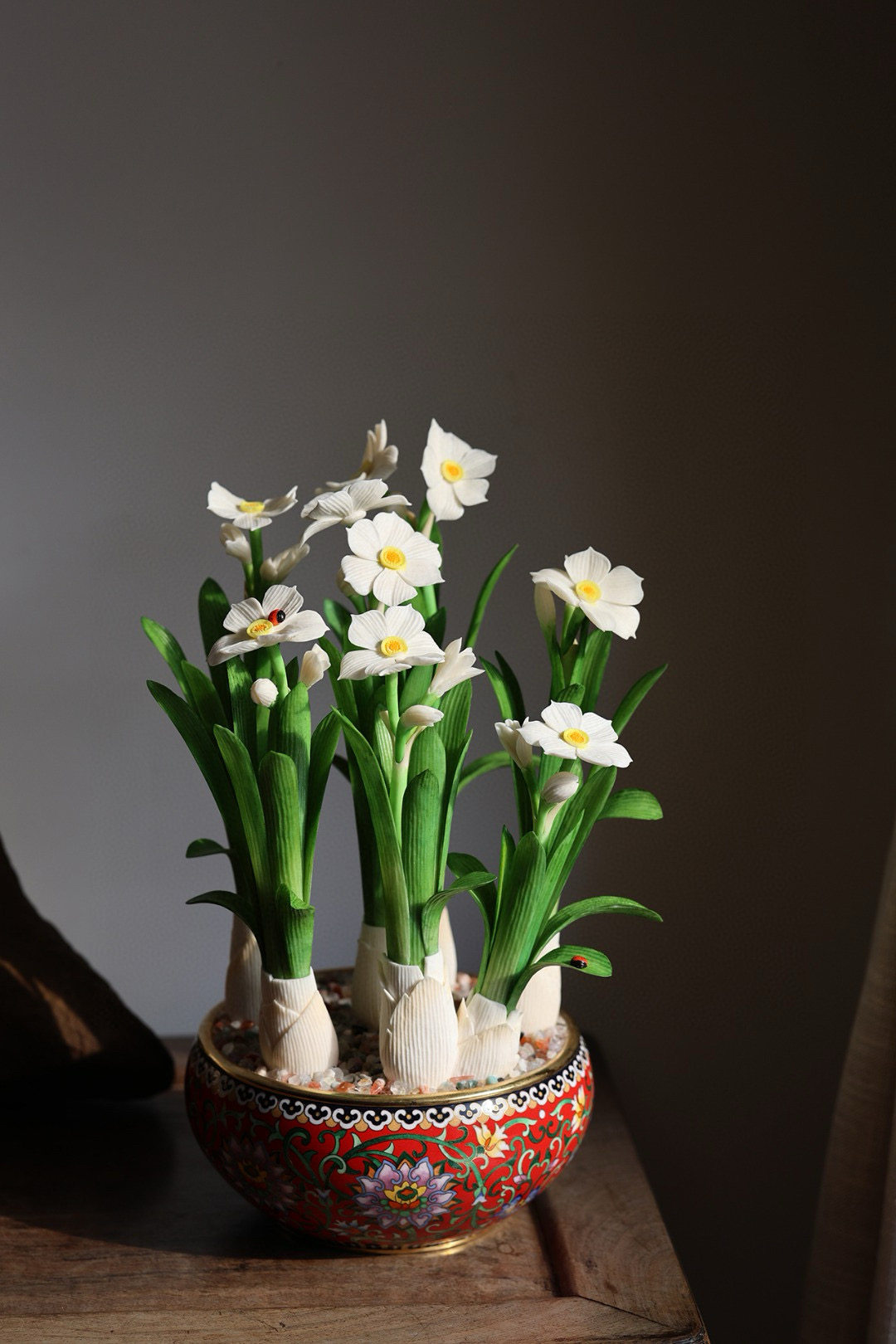 景泰蓝骨雕水仙花京工牙雕技艺传承中式摆件艺术品收藏品空间美学