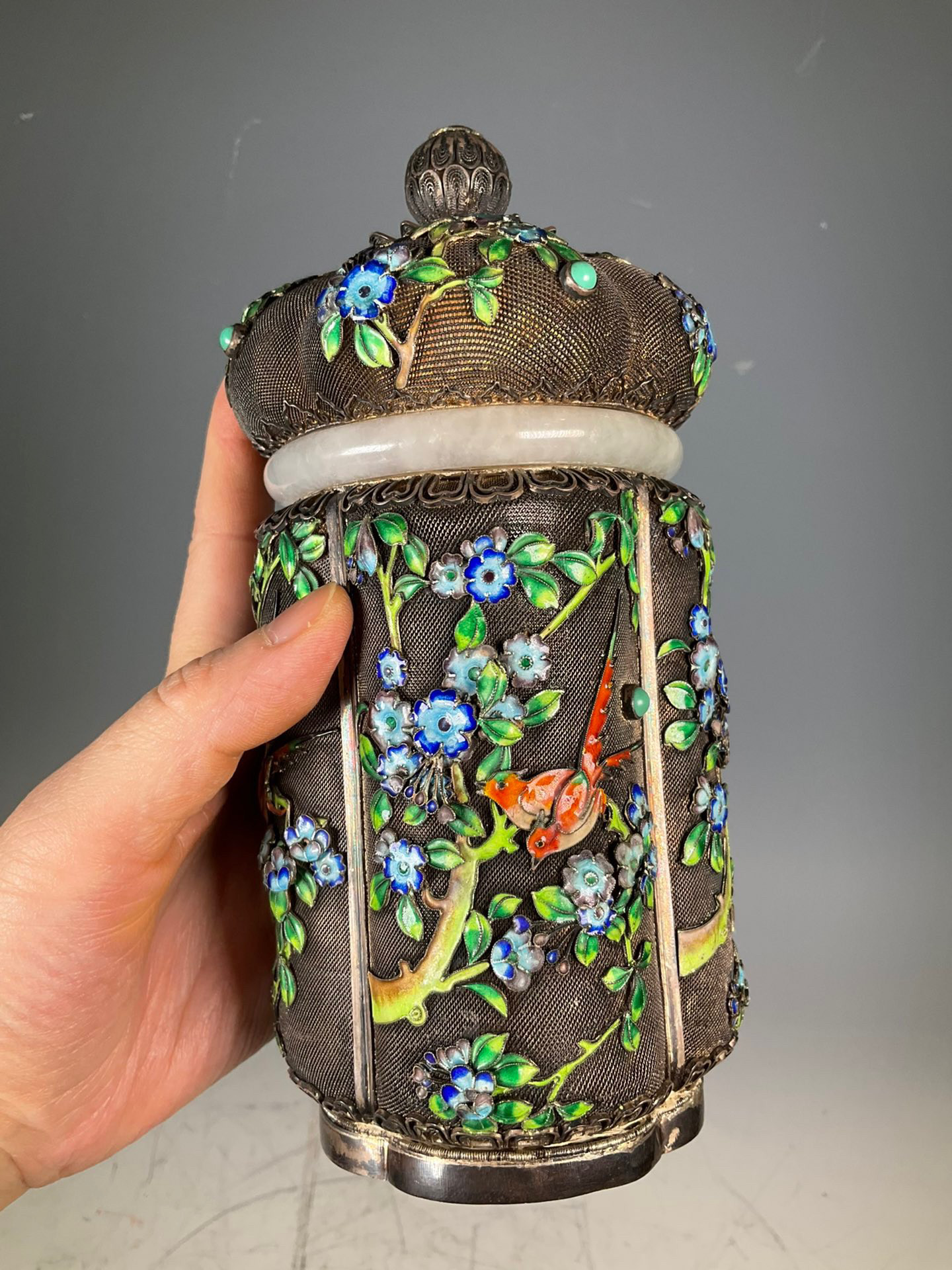 古玩杂项收藏晚清民国景泰蓝银垒丝烧篮花鸟纹茶叶罐老物件摆件