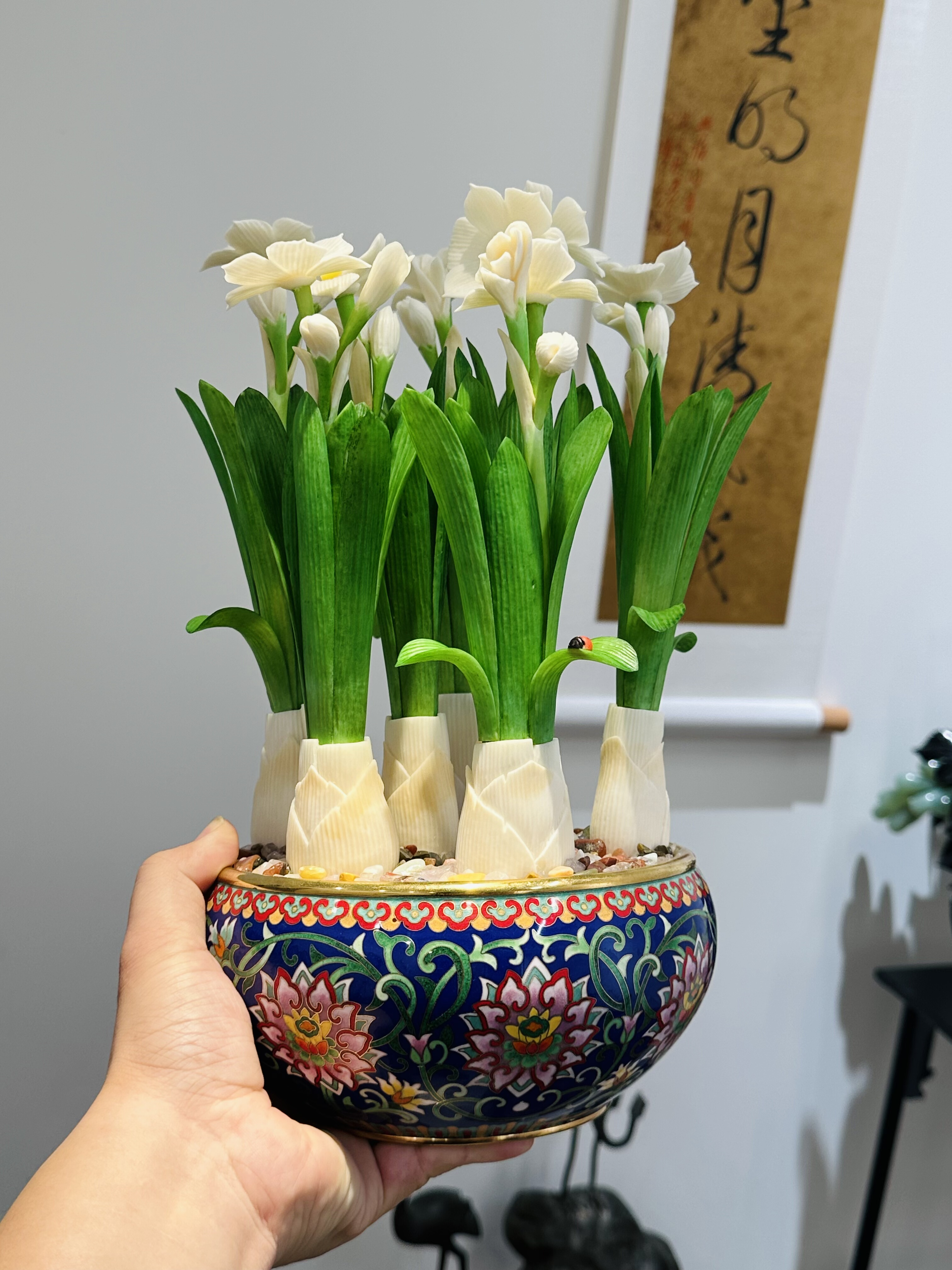 宫廷式景泰蓝骨雕水仙花盆景中式家具摆设高端礼品礼物艺术品收藏