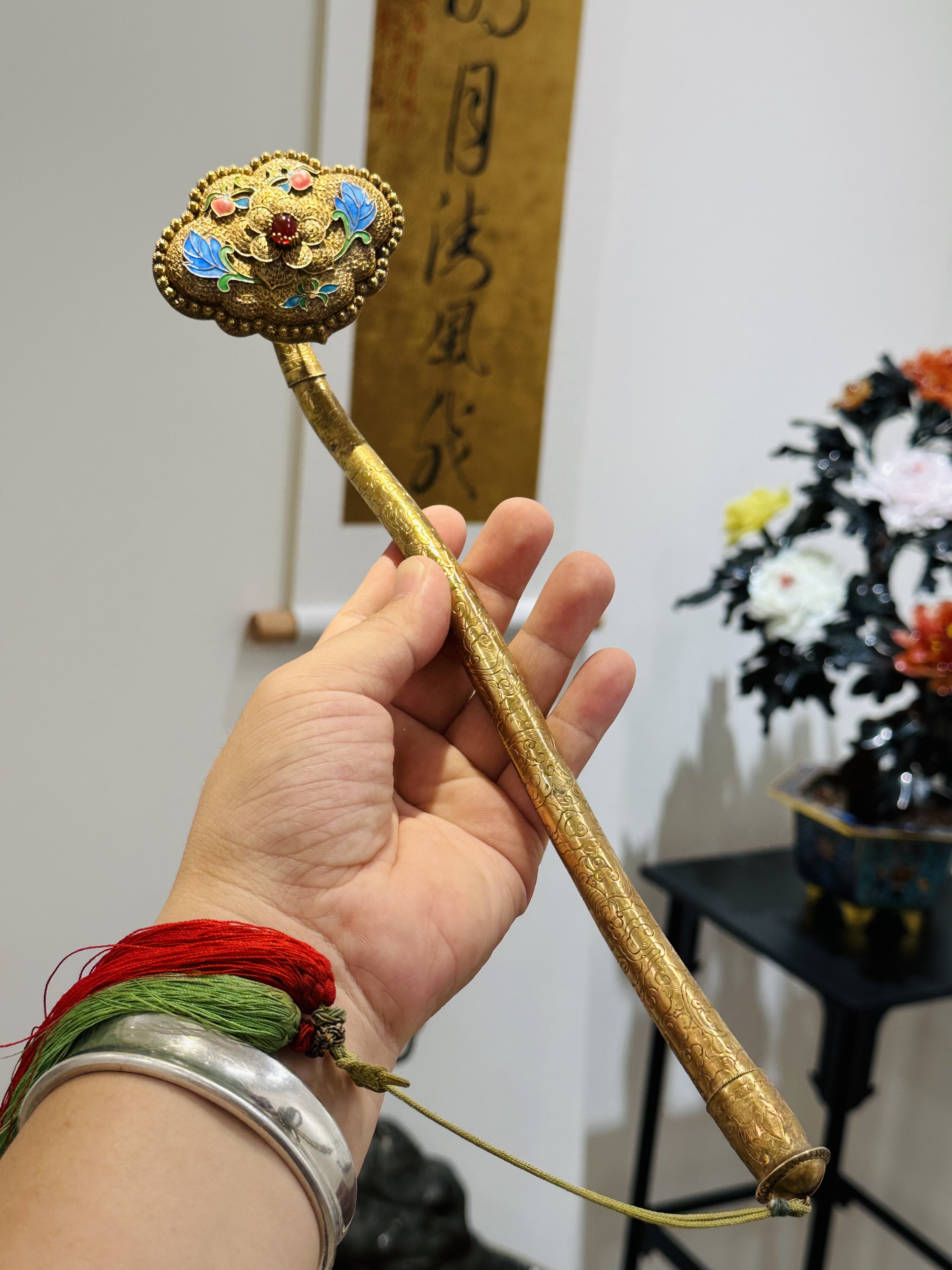 旧藏古法工艺手工制作银垒丝鎏金烧蓝镶嵌錾刻如意摆件中式摆件