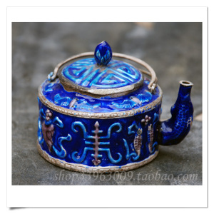 库存老货 正宗北京特色手工艺品 錾工 景泰蓝壶 银蓝 提梁壶 收藏