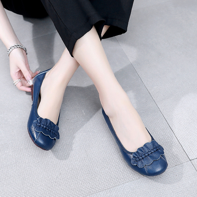 上海花牌真皮妈妈鞋软底舒适平底皮鞋一脚蹬单鞋大码圆头浅口女鞋
