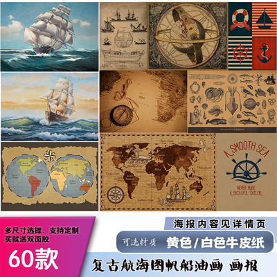 复古航海帆船牛皮纸海报墙贴画报