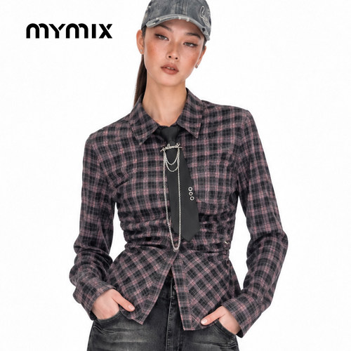 mymix格纹修身短款长袖衬衫女