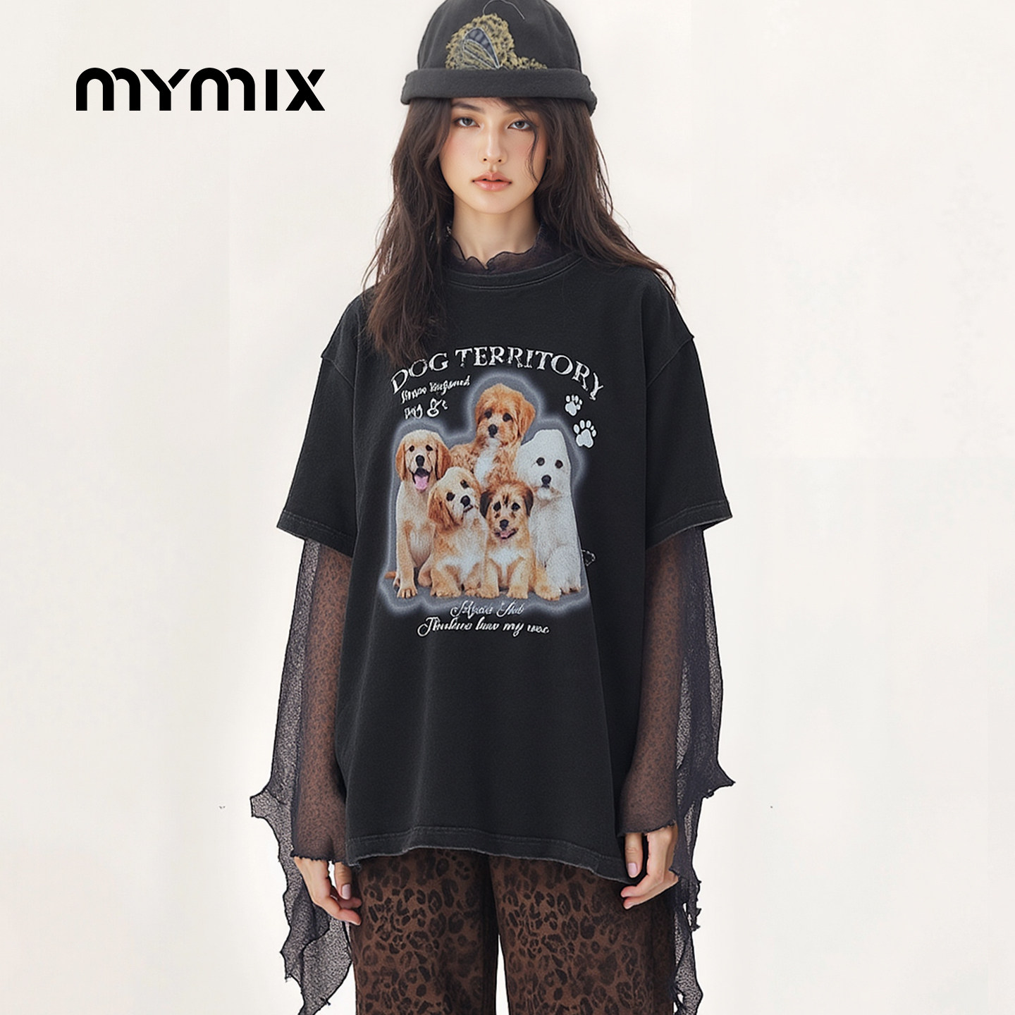 【25年冬季】MYMIX美式复古卡通印花短袖T恤女oversize休闲潮牌图片