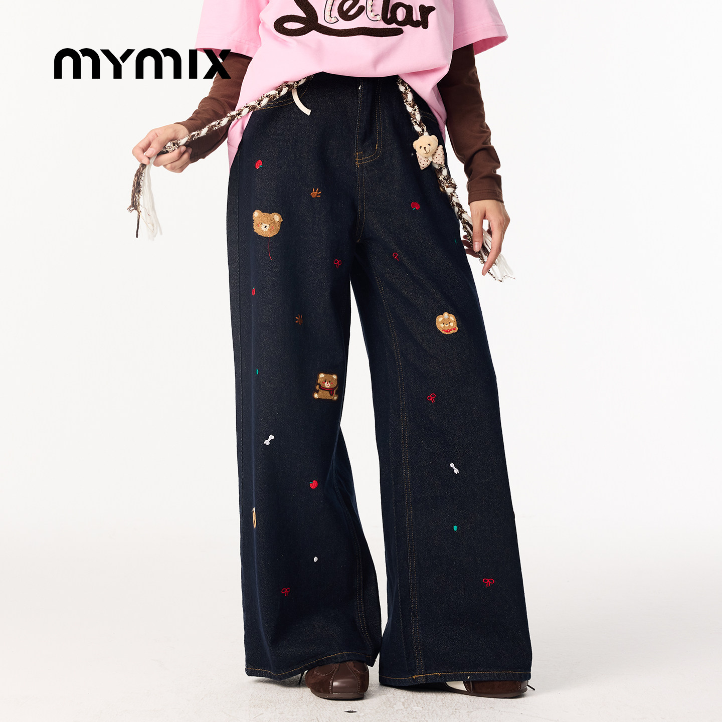 【26春新品】MYMIX卡通印花水洗高腰阔腿宽松显瘦牛仔直筒长裤女