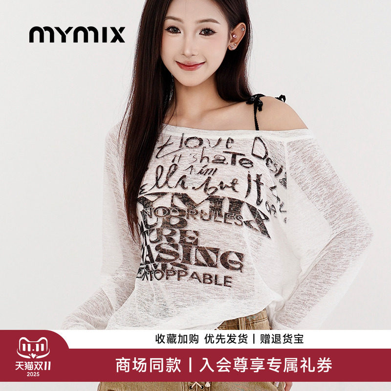 【25夏新品】MYMIX长袖印花上衣白色打底罩衫防晒字母肩带t恤女