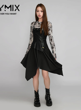 MYMIX我的组合2024秋季新款优雅气质拼接黑色吊带不规则连衣裙