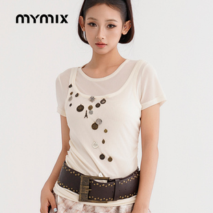 显瘦上衣小众设计感白T 25秋新品 MYMIX假两件拼接T恤女修身