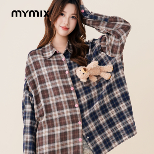纹拼接女宽松撞色小熊休闲长袖 MYMIX复古风格 衬衫 25秋新品
