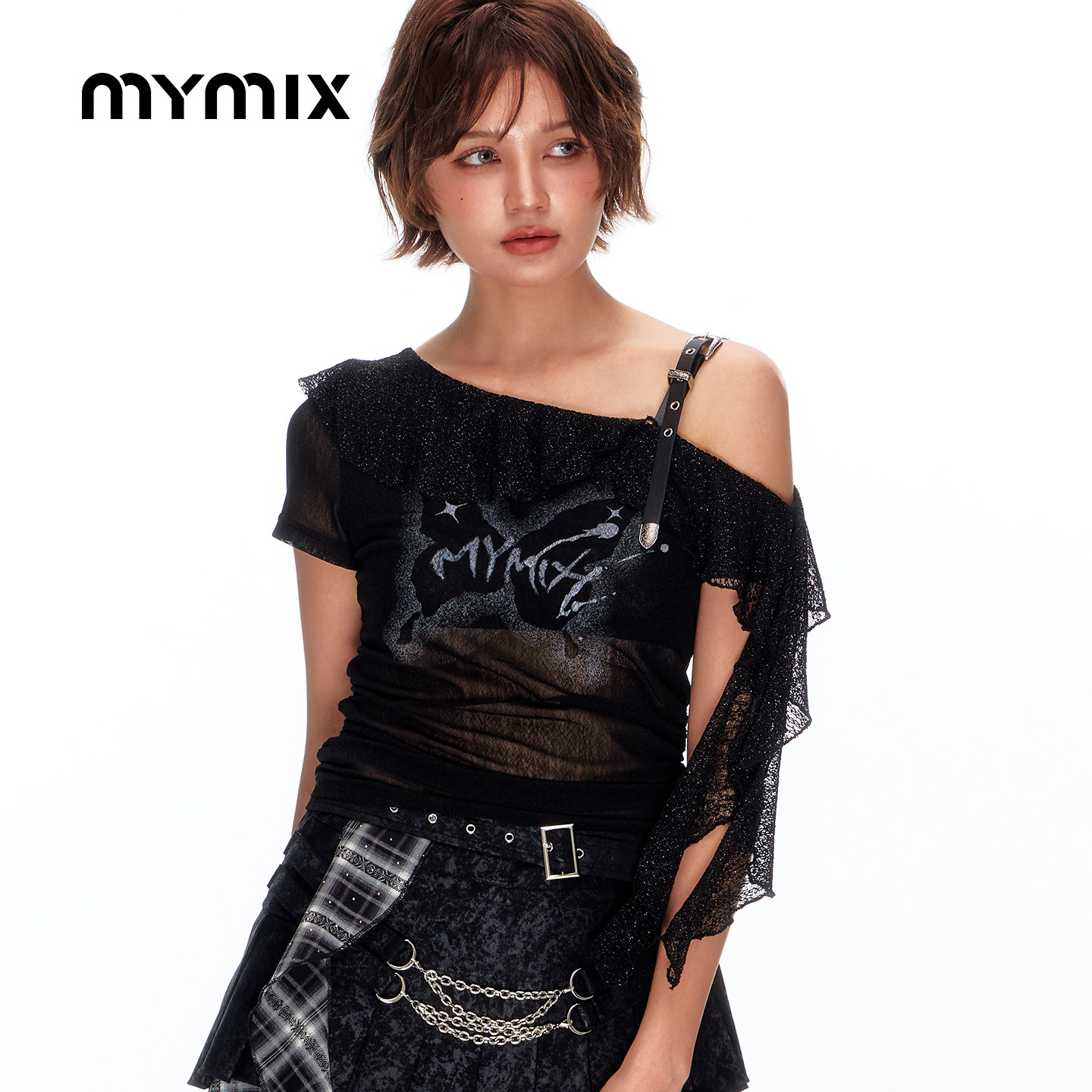 【26夏新品】MYMIX时尚休闲风网纱透视斜肩修身短袖T恤女装