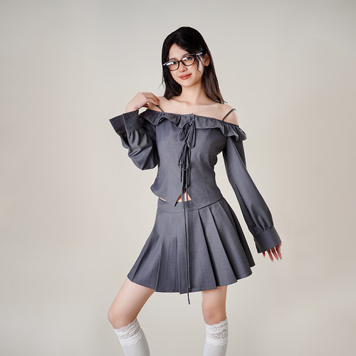 一字领长袖衬衫短款百褶半身裙女