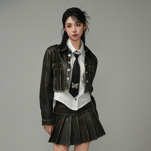 MYMIX美式复古做旧水洗皮衣短款外套纽扣翻领设计感夹克