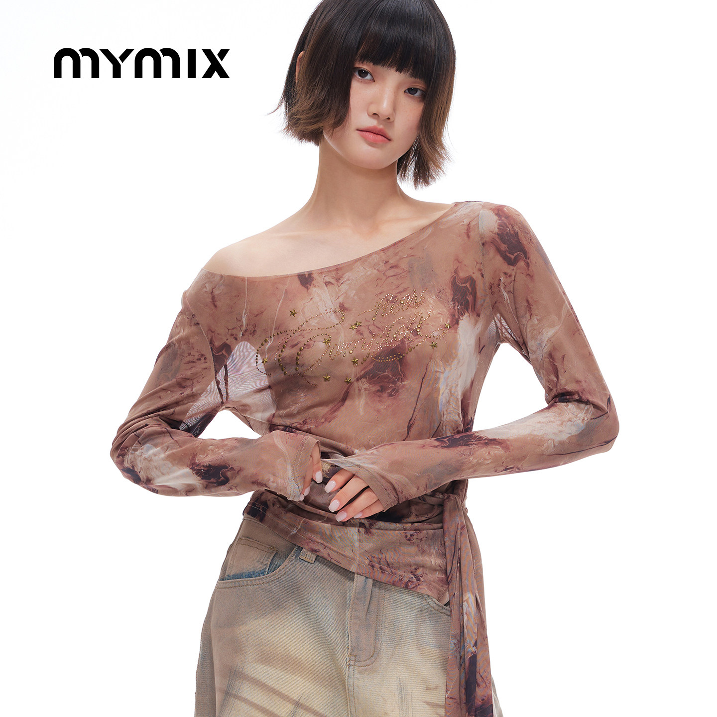 mymix26秋季晕染斜肩长袖T恤图片