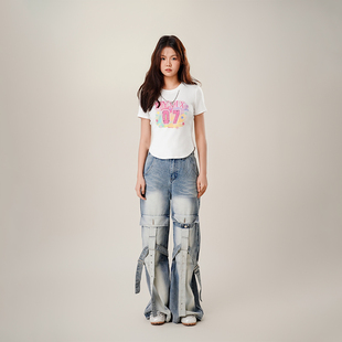 【25夏新品】MYMIX少女甜酷设计感小众高腰牛仔直筒阔腿裤女裤子