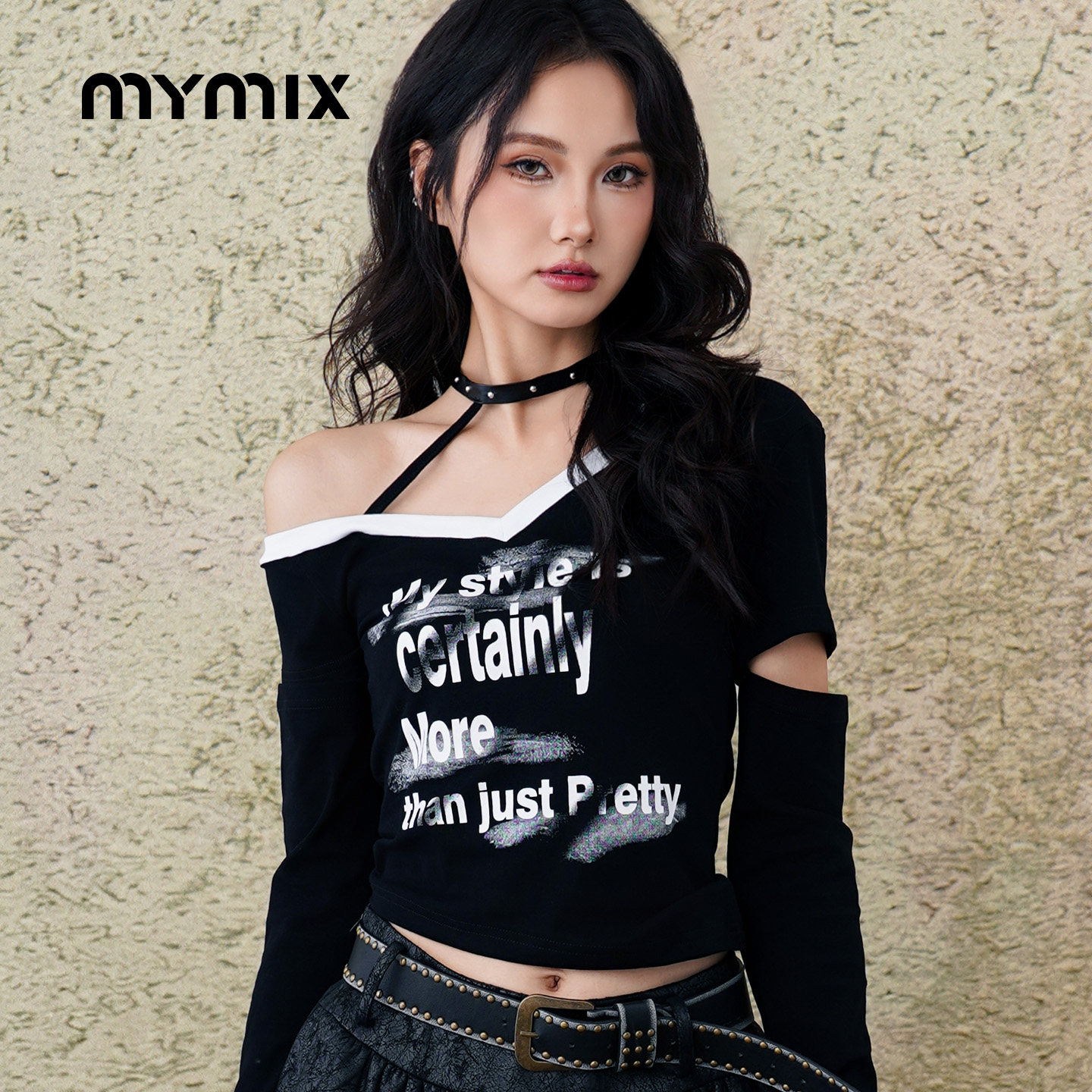 MYMIX字母印花挂脖辣妹长袖T恤图片