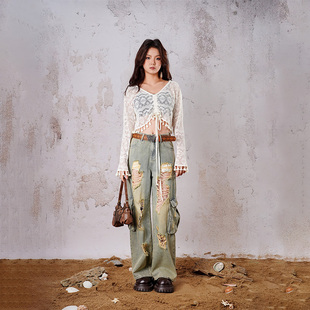 【25夏新品】MYMIX水洗破洞牛仔裤女辣妹设计感高腰宽松阔腿长裤