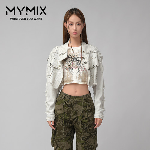 MYMIX我的组合2024秋季新款时尚短款露脐辣妹短袖流苏边长袖外套