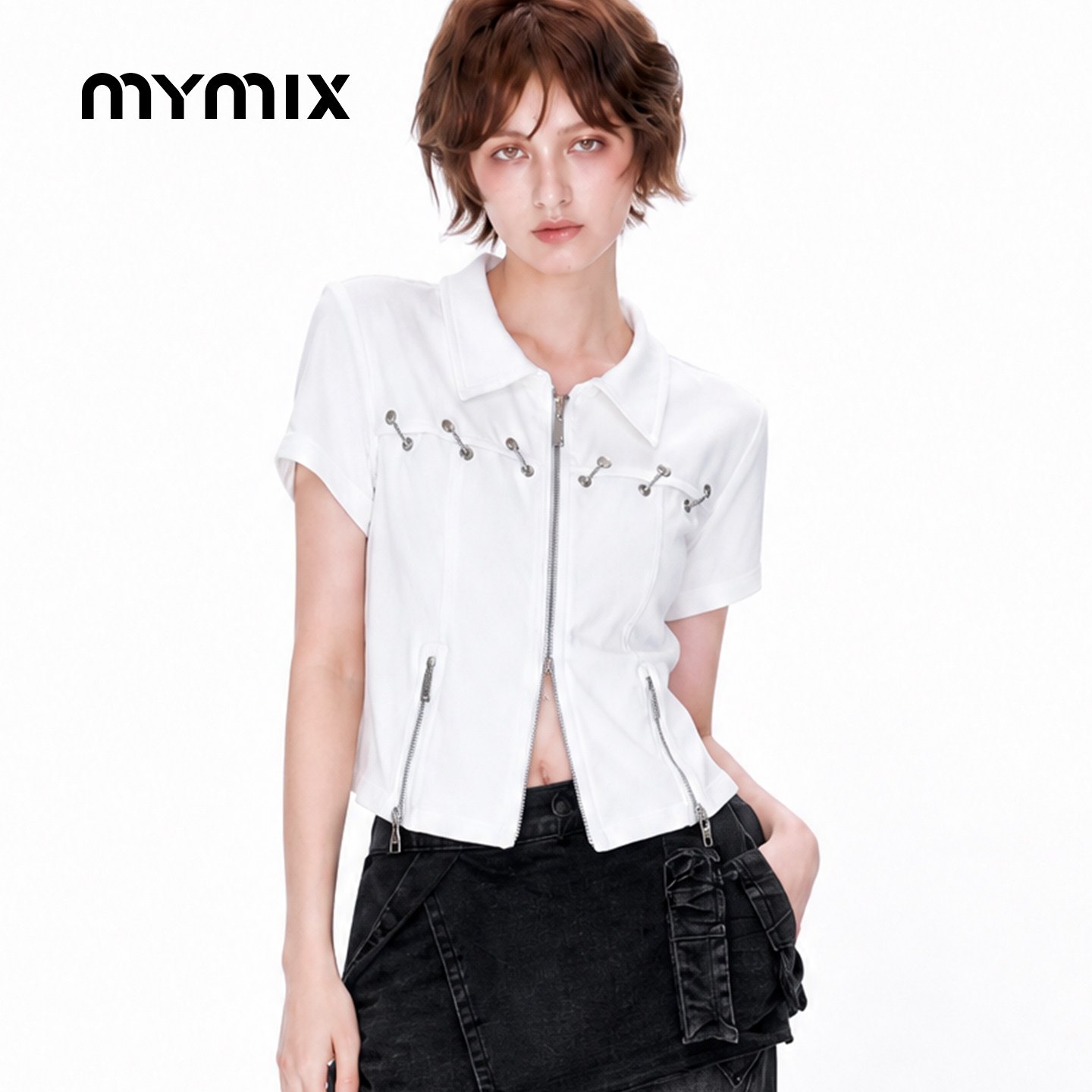 mymix26秋季拉链显瘦短袖衬衫图片
