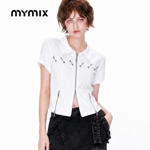 mymix26秋季拉链显瘦短袖衬衫