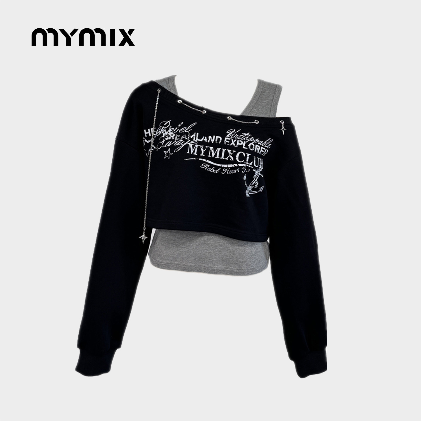 【26春新品】MYMIX休闲个性字母印花套头短款长袖链条卫衣女装
