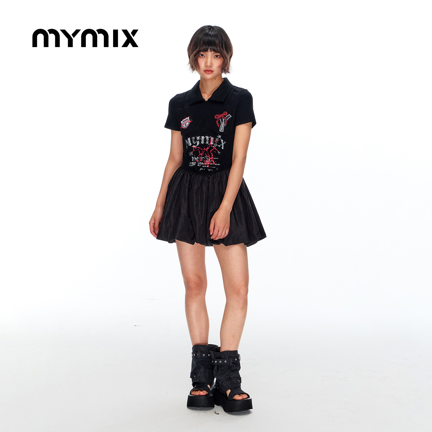 MYMIX夏新品短款字母印花连身裙图片