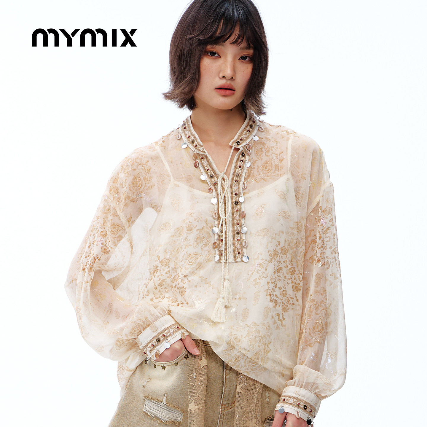 MYMIX复古廓形花朵长袖衬衫女图片