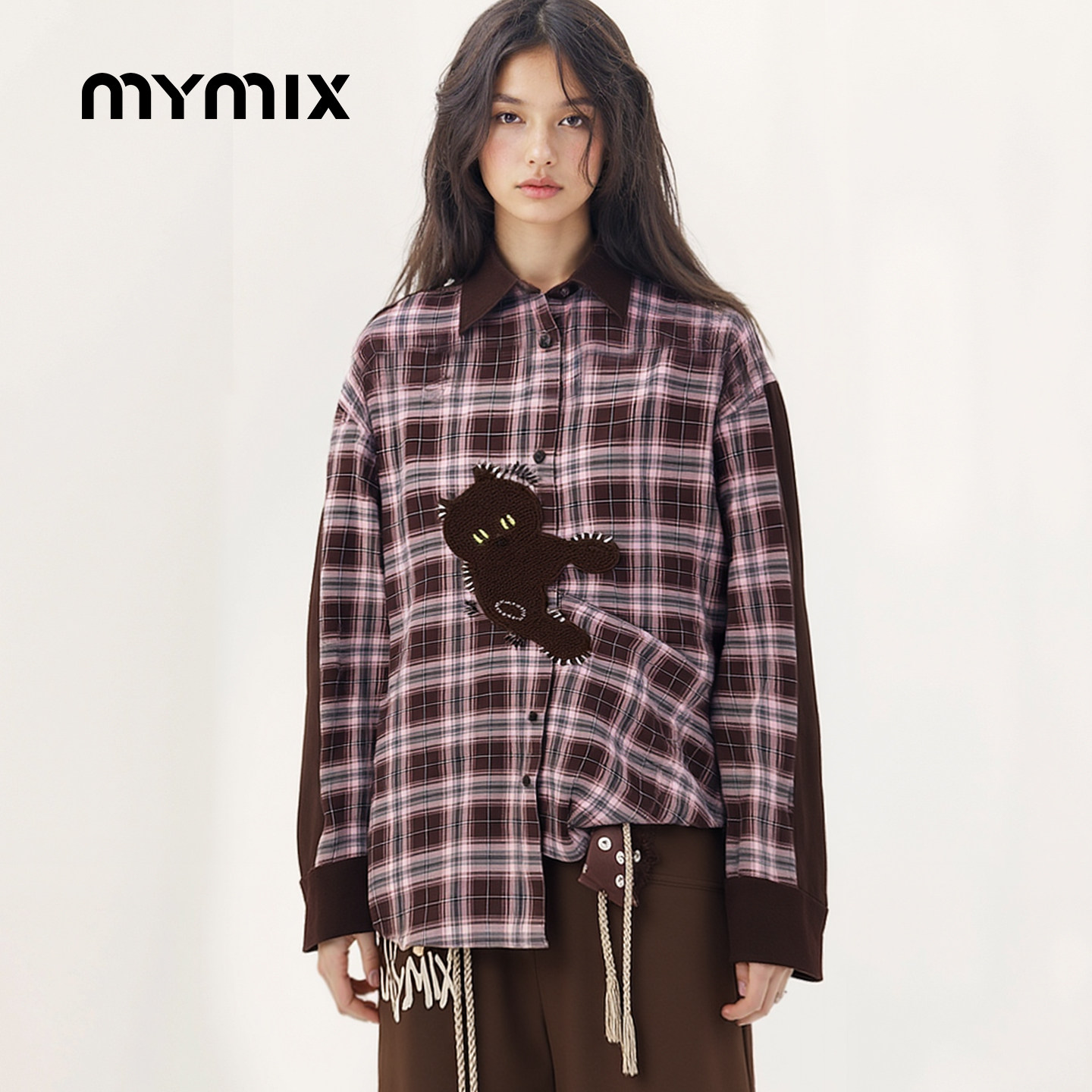 【25冬新品】MYMIX粉格子衬衫猫猫拼接撞色翻领小众长袖衬衣外套,女装/女士精品,衬衫,淘宝优惠券,粉丝福利购,淘宝优惠卷