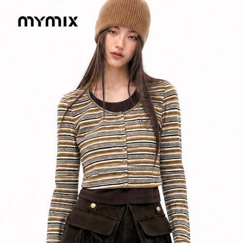 mymix条纹修身短款长袖T恤纽扣撞色上衣冬季新款商场同款官方女装