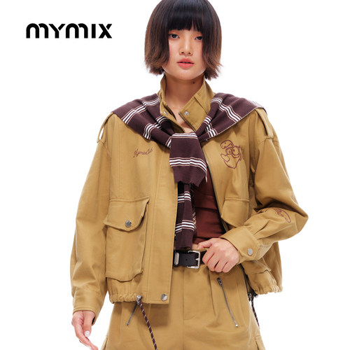 mymix立领条纹拉链宽松女夹克