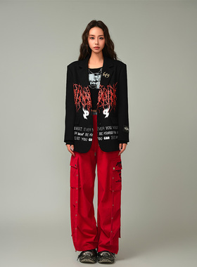 MYMIX设计感美式街头暗纹字母印花廓形长款纽扣西服