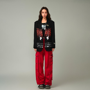 MYMIX设计感美式街头暗纹字母印花廓形长款纽扣西服